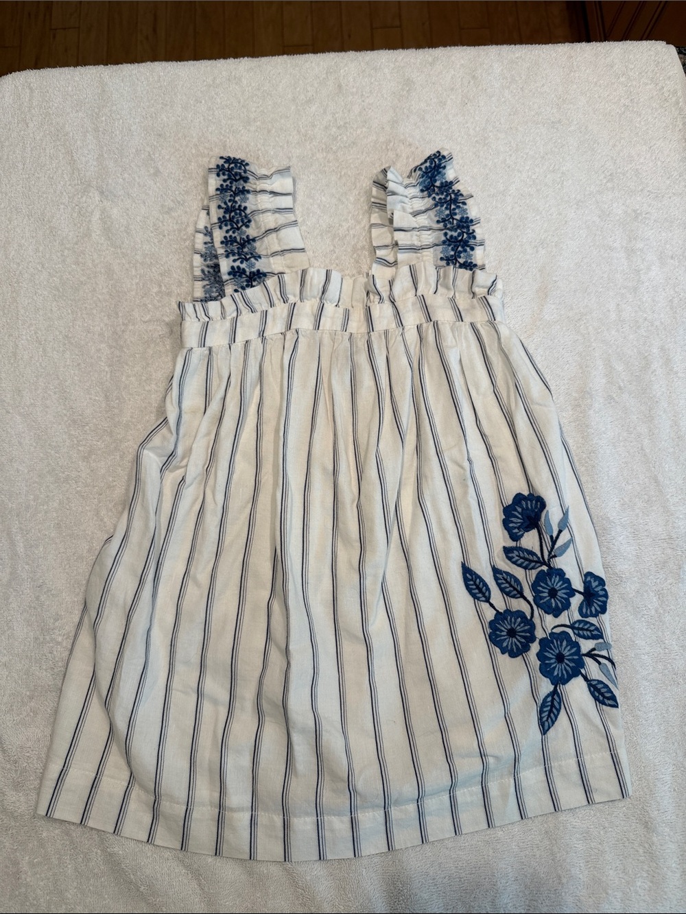 Girls Tartine et Chocolat White Striped Sundress with Blue Floral Embroidery